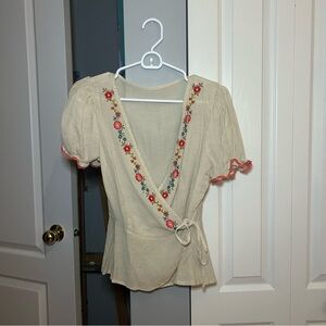 55 Embroidered Cream Wrap Top